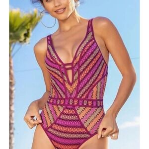 BECCA One Piece Swimsuit Womens XS Pink Crochet Boho Monokini